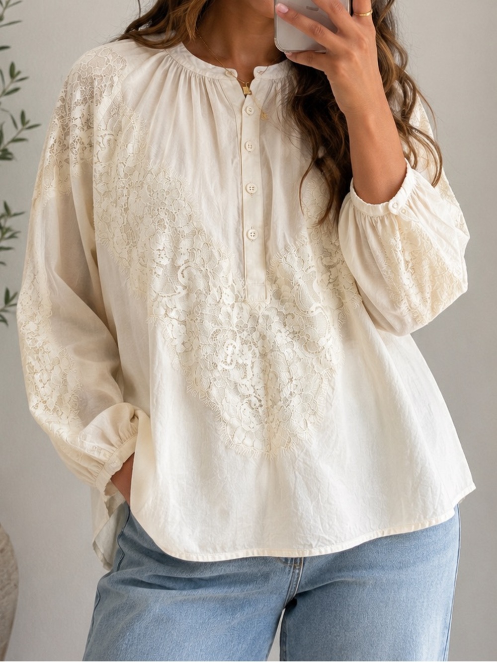 Vince Camuto 1X Cream 100% Cotton Lace Detail Blouse